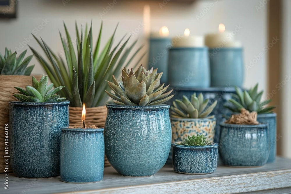 Stylish Succulent Arrangement in Blue Ceramic Pots Stylish Succulent Arrangement in Blue Ceramic Pots