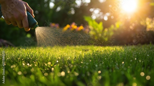 Gardener applies fertilizer on grass. Spraying grass with fungicide. Taking care of plants photo