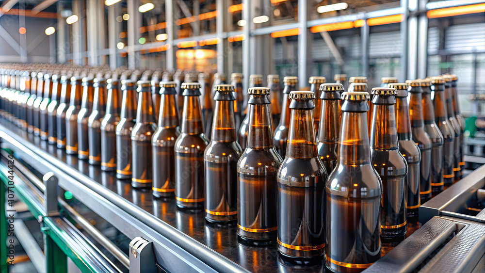 A bustling brewery features numerous dark beer bottles on a conveyor belt, actively being filled and capped in a clean, well-lit environment A bustling brewery features numerous dark beer bottles on a conveyor belt, actively being filled and capped in a clean, well-lit environment