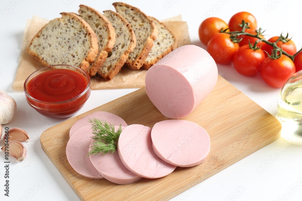 Tasty boiled sausage, spices, tomatoes, ketchup and bread on white table Tasty boiled sausage, spices, tomatoes, ketchup and bread on white table