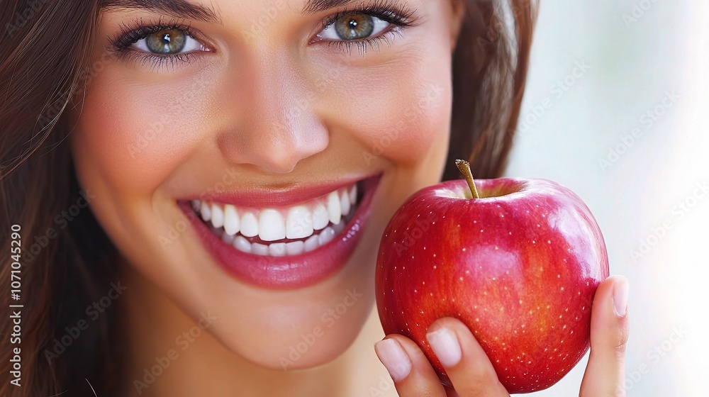 Cheerful Woman Holding an Apple Ready to Eat Cheerful Woman Holding an Apple Ready to Eat