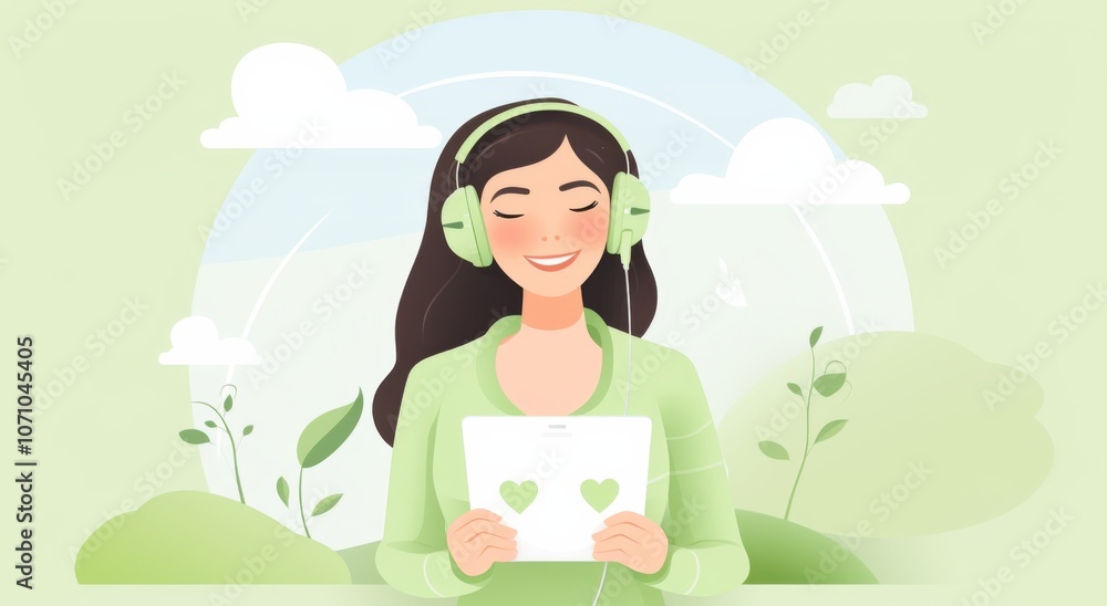 Happy woman wearing headphones and holding a tablet, in a simple flat illustration style with a light green color palette. Happy woman wearing headphones and holding a tablet, in a simple flat illustration style with a light green color palette.