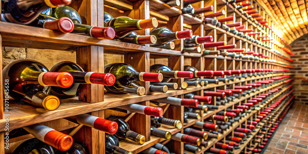 Fototapeta premium Rows of wine bottles line sturdy wooden racks in a cozy cellar, illuminated by soft lighting that creates an inviting atmosphere for wine enthusiasts