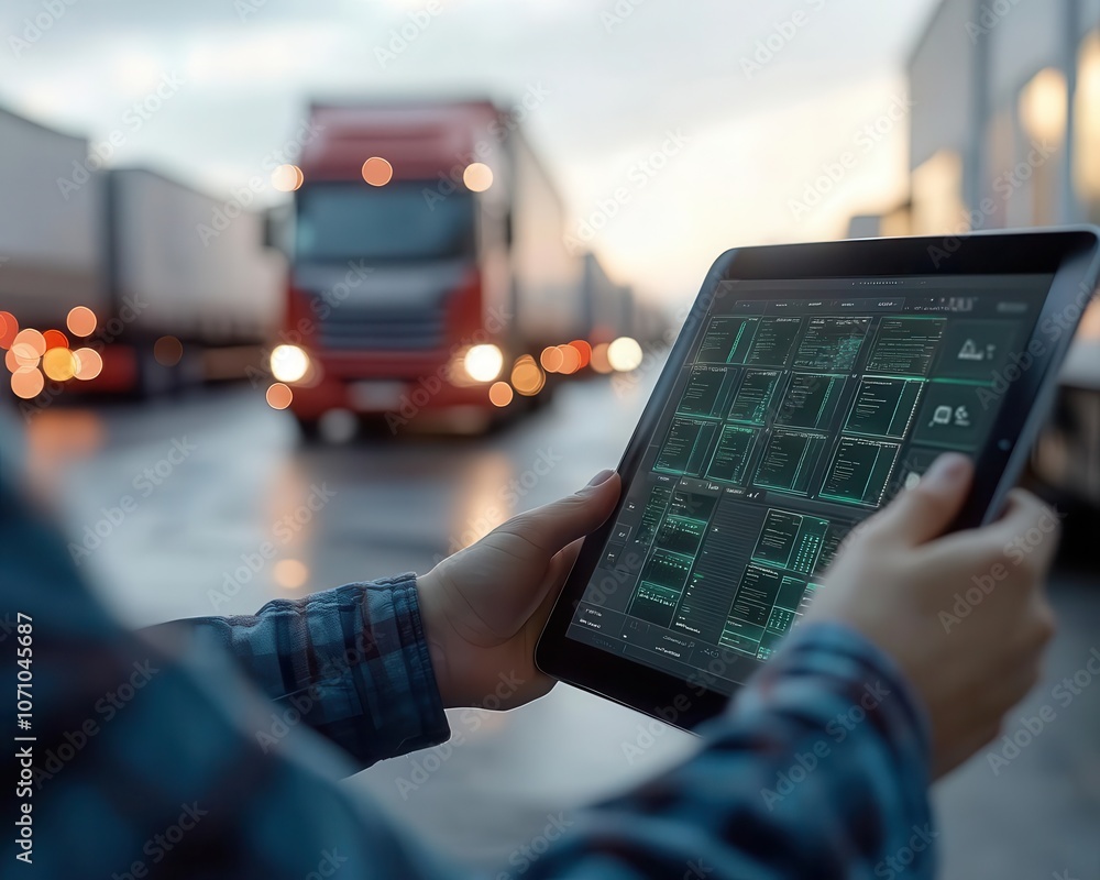 A closeup of a logistics analyst reviewing data on a tablet, Analysis, Detailed and modern A closeup of a logistics analyst reviewing data on a tablet, Analysis, Detailed and modern