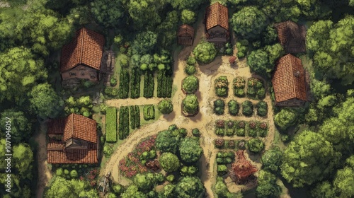 Rural Countryside Estate Houses Buildings Tabletop RPG Map, Fantasy Roleplaying Dungeon Battlemap, Adventure Games Encounters, Farmhouses Farm Town Gaming Design, TTRPG Buildings Architecture Concept photo