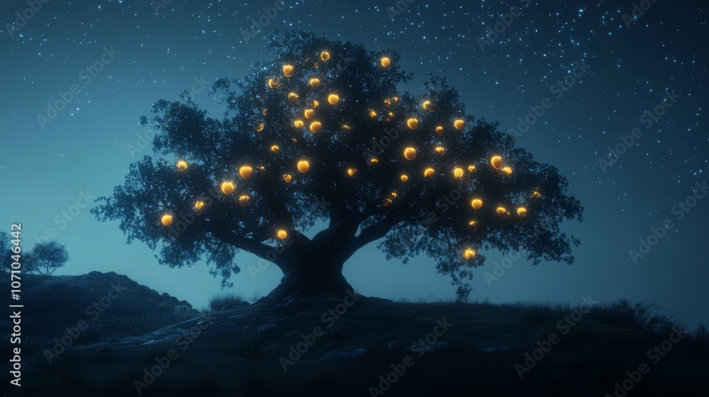 A tree with glowing orbs hanging from its branches under a starry night sky. A tree with glowing orbs hanging from its branches under a starry night sky.
