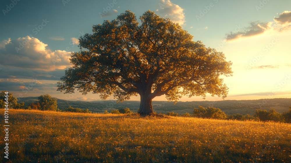 A solitary oak tree stands tall on a grassy hill at sunset, with a rolling landscape in the background. A solitary oak tree stands tall on a grassy hill at sunset, with a rolling landscape in the background.