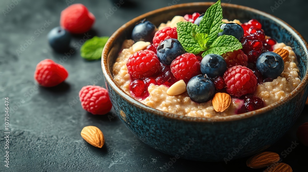 Bowl of oatmeal topped with fresh berries, nuts, and mint, vibrant fruits surrounding it Bowl of oatmeal topped with fresh berries, nuts, and mint, vibrant fruits surrounding it