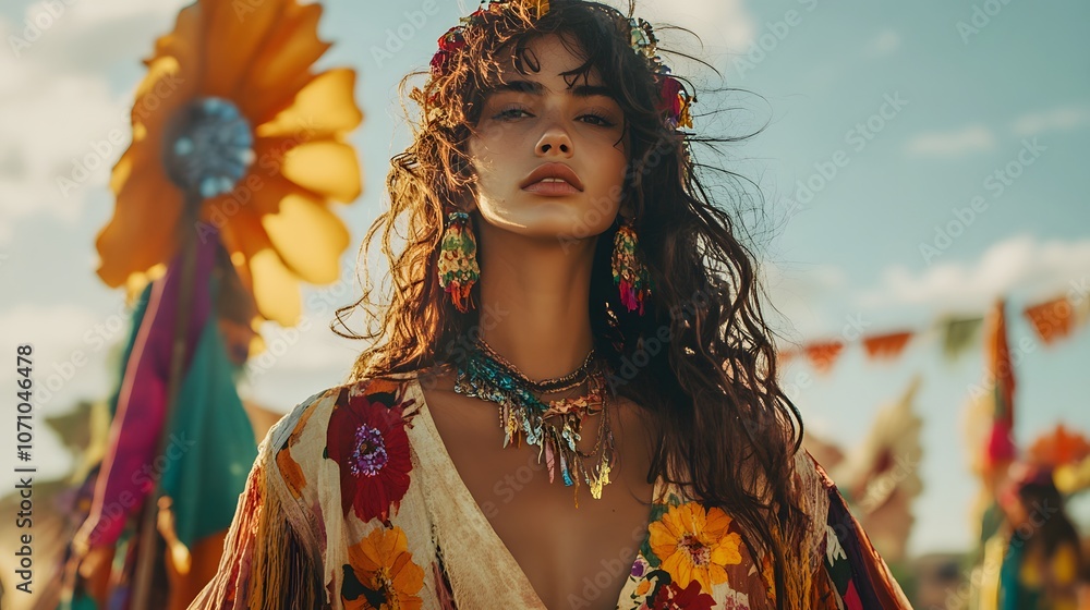 Fototapeta premium A model in boho-inspired clothing with loose fabrics