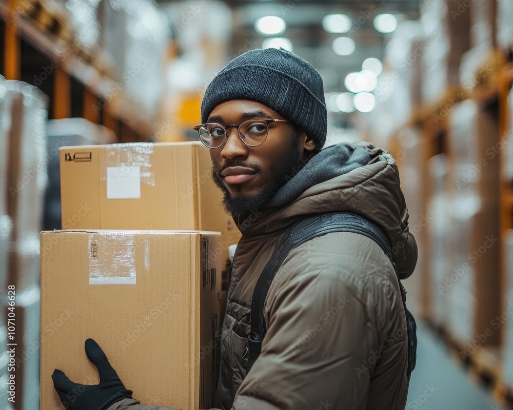 A photograph of a warehouse worker lifting boxes with proper safety gear, PPE, Active and protected A photograph of a warehouse worker lifting boxes with proper safety gear, PPE, Active and protected