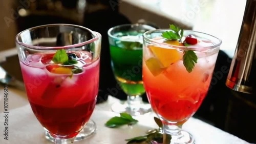 Bartender Pouring Vibrant Layered Cocktails with Fruit and Herb Garnishes - Close-Up Mixology Stock Video Ultra HD 4K Loop: