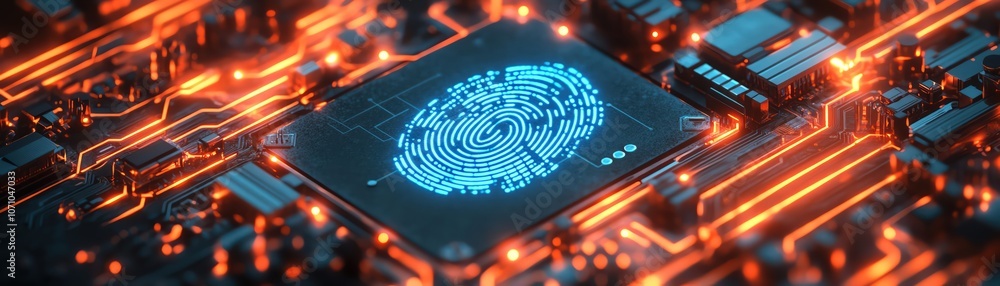 Glowing blue fingerprint on a circuit board, surrounded by orange lights, futuristic tech vibe Glowing blue fingerprint on a circuit board, surrounded by orange lights, futuristic tech vibe