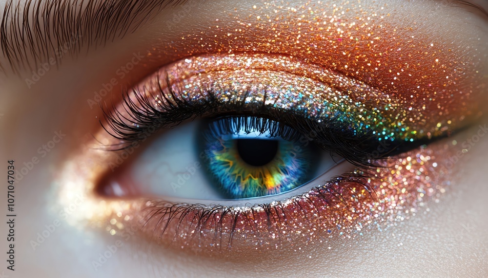 Glittering eye makeup, macro shot, rainbow hues, closeup on iris, sparkling beauty detail Glittering eye makeup, macro shot, rainbow hues, closeup on iris, sparkling beauty detail