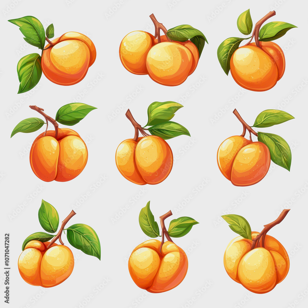 A collection of vibrant apricot illustrations featuring various designs with leaves on a clean white background, perfect for culinary or decorative use. A collection of vibrant apricot illustrations featuring various designs with leaves on a clean white background, perfect for culinary or decorative use.