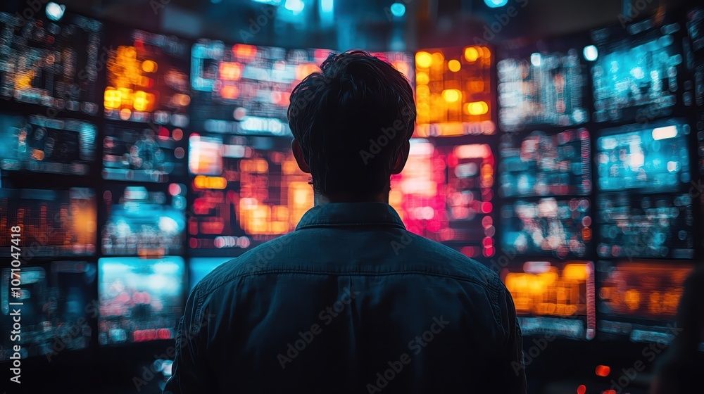 Man monitoring vibrant data screens, panorama control room, ambient lit Man monitoring vibrant data screens, panorama control room, ambient lit