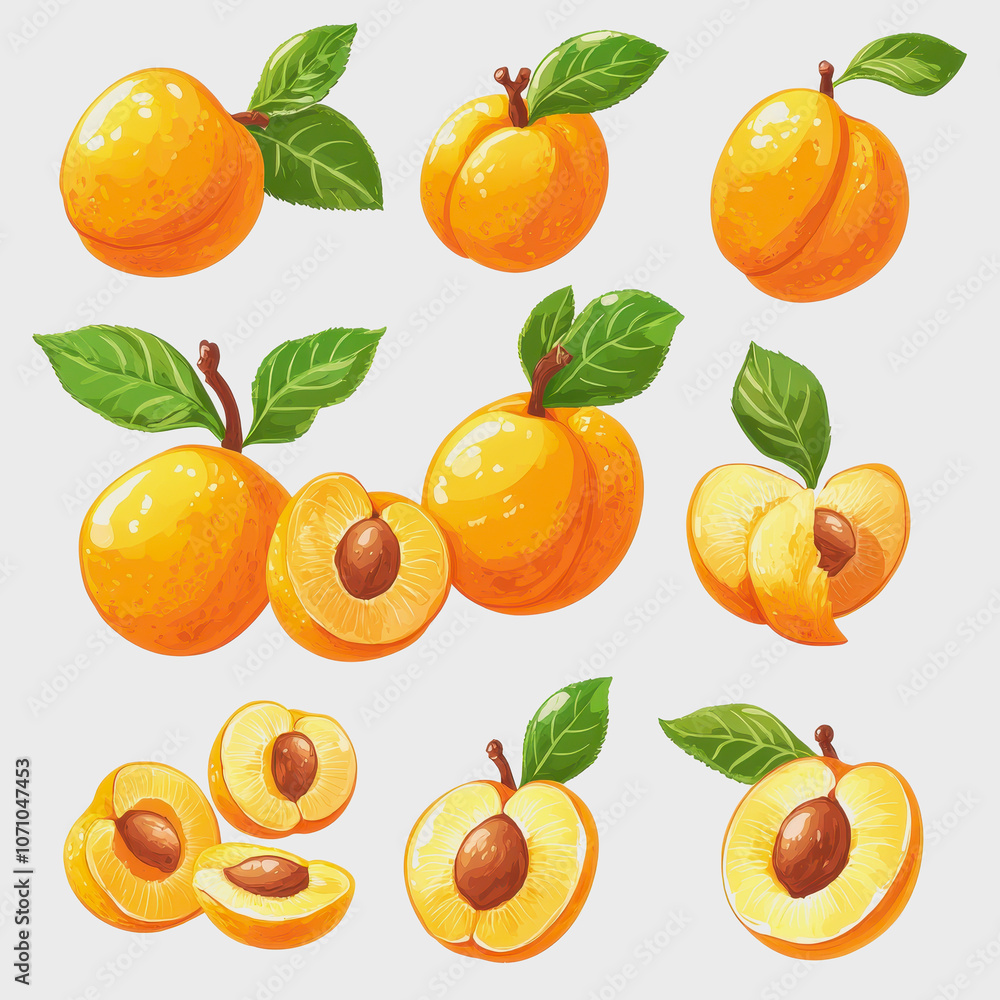 A collection of fresh apricot illustrations on a white background, showcasing the fruit in various positions and angles. Perfect for food-related designs. A collection of fresh apricot illustrations on a white background, showcasing the fruit in various positions and angles. Perfect for food-related designs.