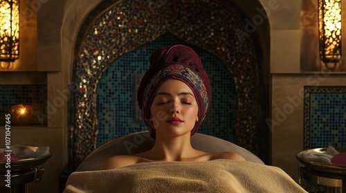 Young woman in souna, beauty spa and hammam or turkish bath photo