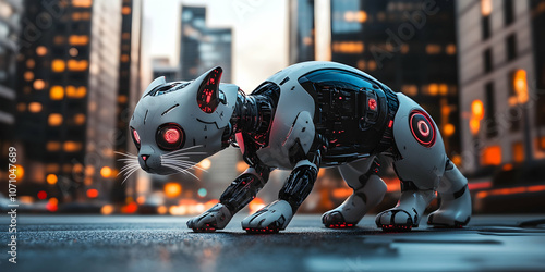 Futuristic robotic cat in an urban setting, highlighting advanced technology