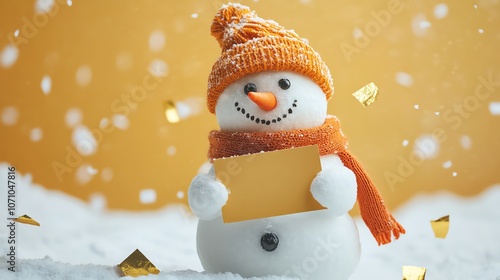 Snowman in orange hat holding sign, golden confetti on yellow photo