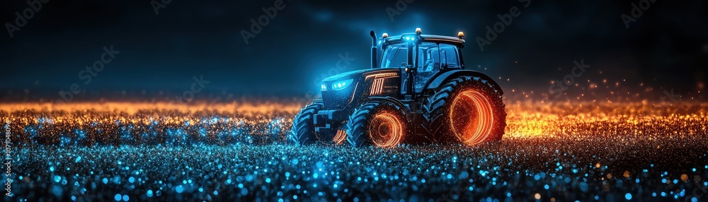 Obraz premium Tractor hologram, blue tech glow, farming innovation, digital agriculture concept