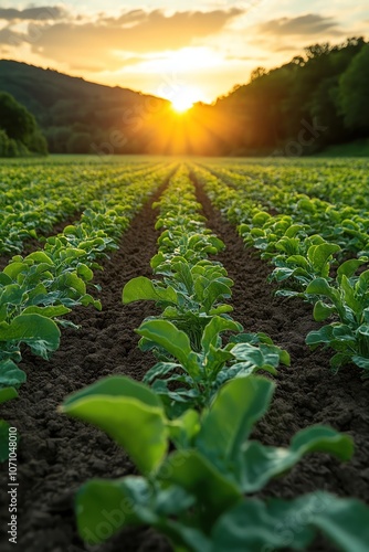 Sunlit field, young crops, sunrise gleam, agricultural growth, wideangle farm landscape photo