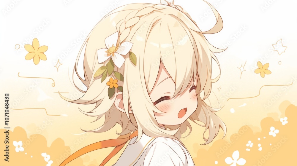 Chibi anime character with blonde curly hair, smiling and looking up at the sky. Side profile, short haircut, hair tied back. Chibi anime character with blonde curly hair, smiling and looking up at the sky. Side profile, short haircut, hair tied back.