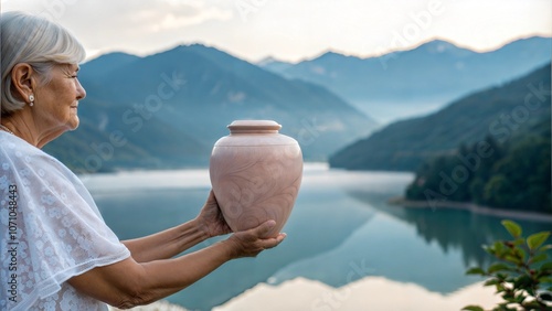 Elderly woman holding light pink funeral urn against mountain background photo