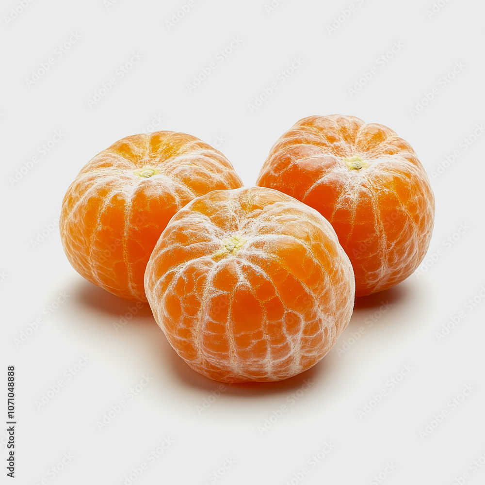 Three vibrant clementines are arranged on a clean white background, showcasing their juicy texture and bright color. Perfect for healthy lifestyle themes. Three vibrant clementines are arranged on a clean white background, showcasing their juicy texture and bright color. Perfect for healthy lifestyle themes.