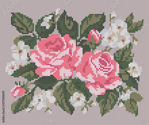 Cross Stitch Rose Flowers, Floral Embroidery Pattern