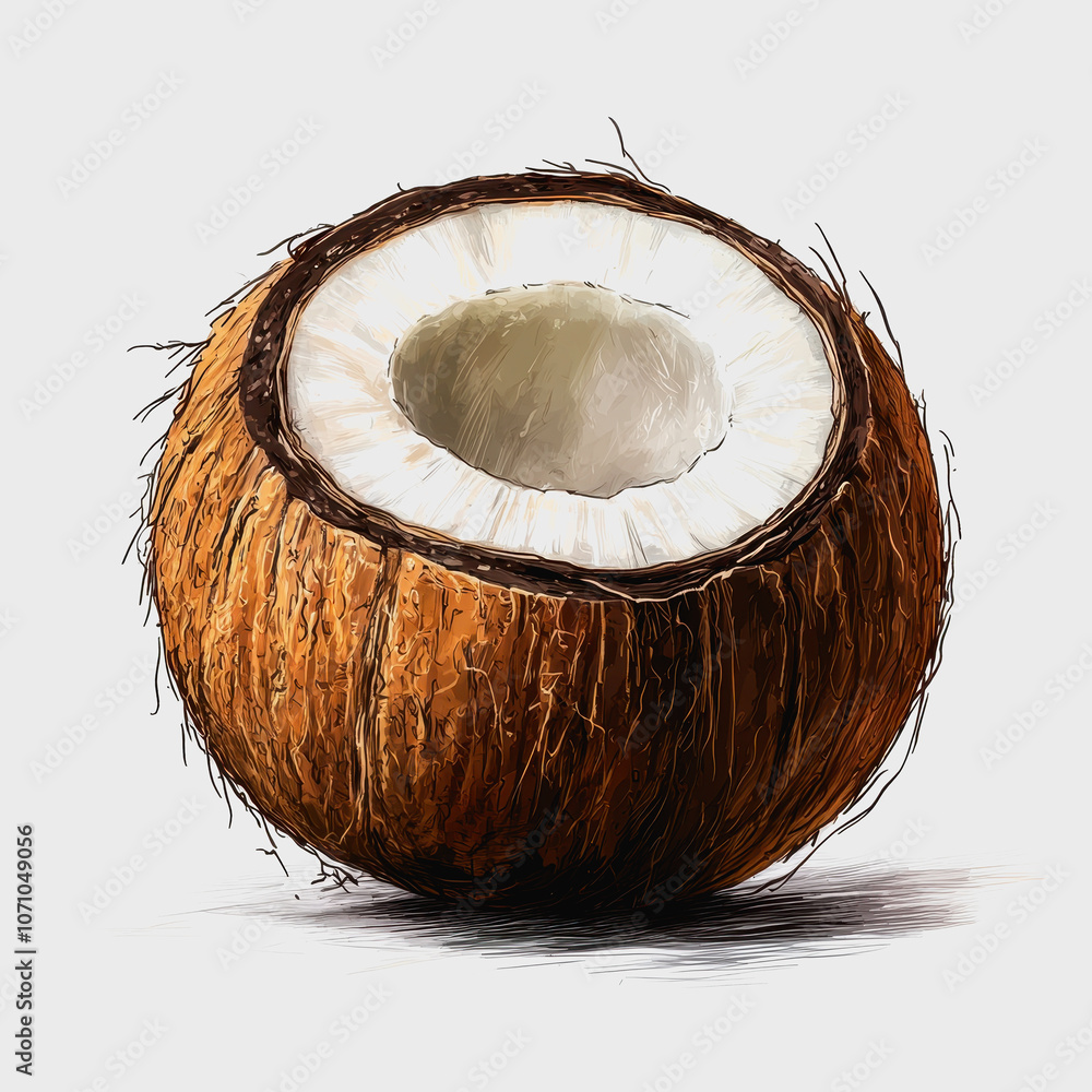 This image features a detailed illustration of a coconut half on a white background. Perfect for showcasing tropical themes, food, and culinary creativity. This image features a detailed illustration of a coconut half on a white background. Perfect for showcasing tropical themes, food, and culinary creativity.