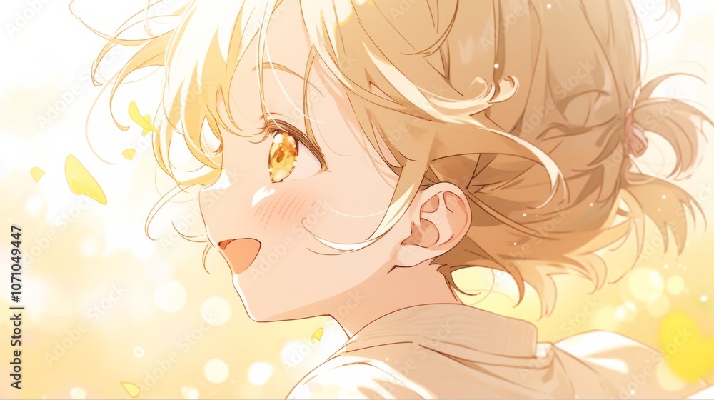 Chibi anime character with blonde curly hair, smiling and looking up at the sky. Side profile, hair tied back with flowers, wearing a light outfit with a dark beige collar and gold-trimmed sleeves. Chibi anime character with blonde curly hair, smiling and looking up at the sky. Side profile, hair tied back with flowers, wearing a light outfit with a dark beige collar and gold-trimmed sleeves.
