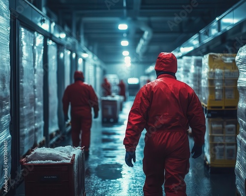 Workers preparing a shipment in a temperaturecontrolled cold storage facility, Cold Storage, Focused and systematic photo