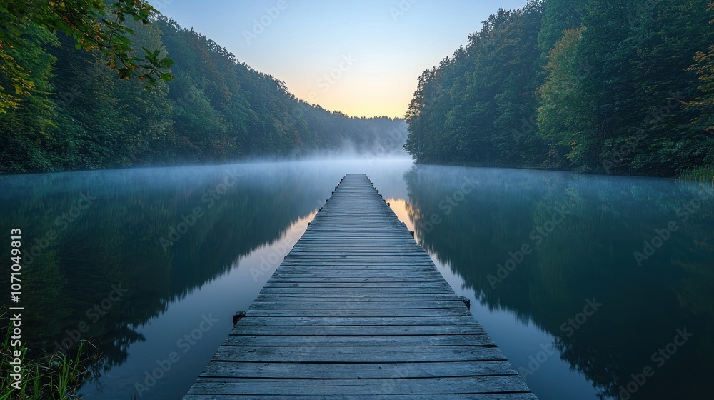 A wooden dock extending into a misty lake surrounded by trees. A wooden dock extending into a misty lake surrounded by trees.