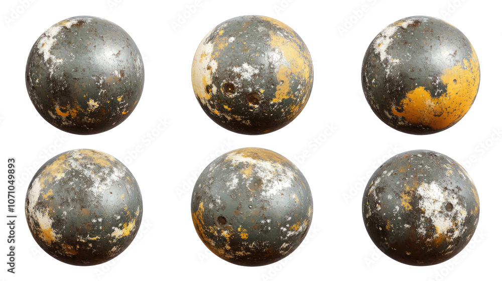 Set of Six Weathered Metal Spheres on a Transparent Background Generative AI Set of Six Weathered Metal Spheres on a Transparent Background Generative AI