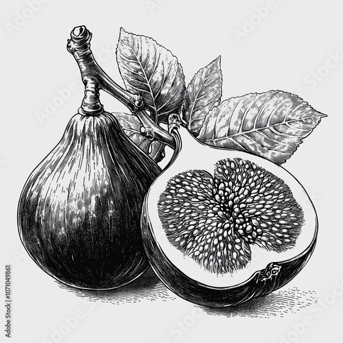This vintage illustration features a detailed fig and its leaves on a white background, perfect for adding an elegant touch to your design projects.