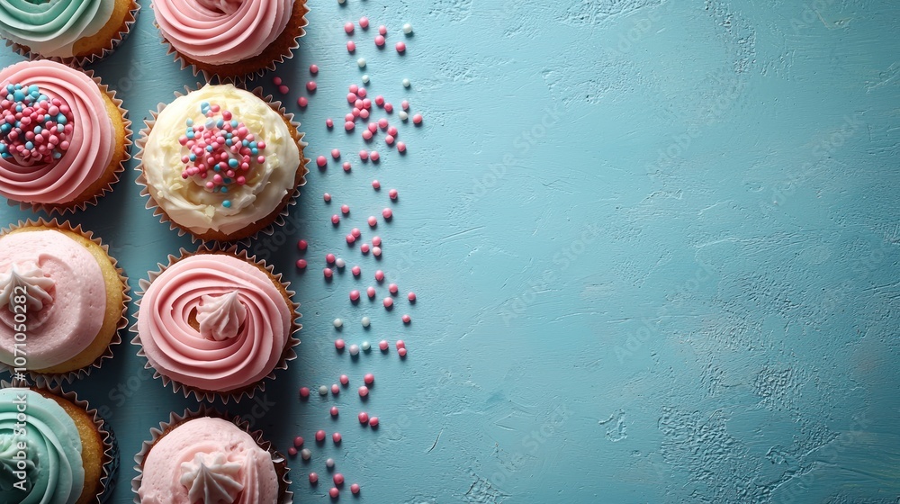 Colorful Cupcakes with Sprinkles on a Blue Background Colorful Cupcakes with Sprinkles on a Blue Background