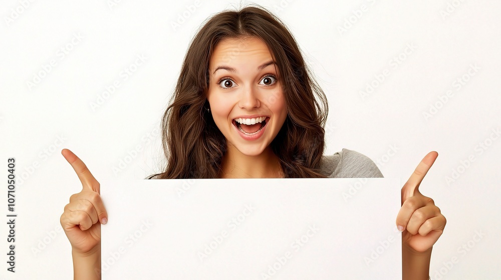 Fototapeta premium Cheerful Young Woman Pointing at Blank Sign
