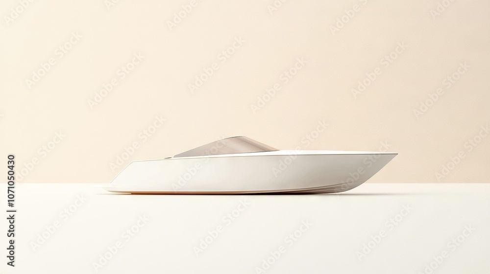 A white boat rests on a table, surrounded by white walls and a light pink background A white boat rests on a table, surrounded by white walls and a light pink background