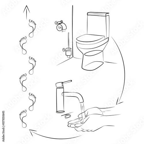 Minimalist toilet manual poster. Wash your hands line print. WC instruction contour drawing on a white background.