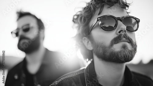 Two musicians, artists, in sunglasses enjoying the sunset. Black and white cover photo of fictional indie alternative rock style music band.