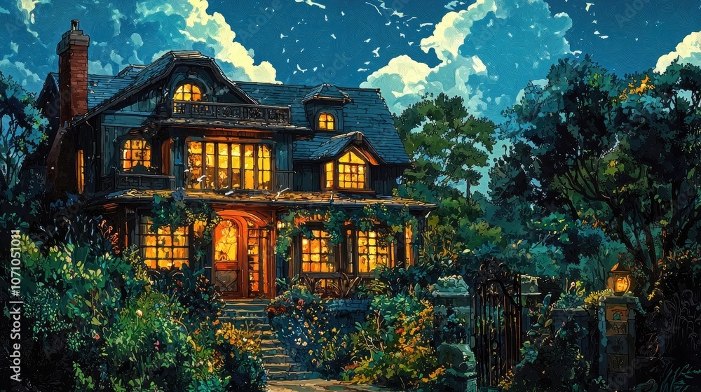 Fototapeta premium A charming, two-story house with a porch, lit up at night, nestled among lush greenery.