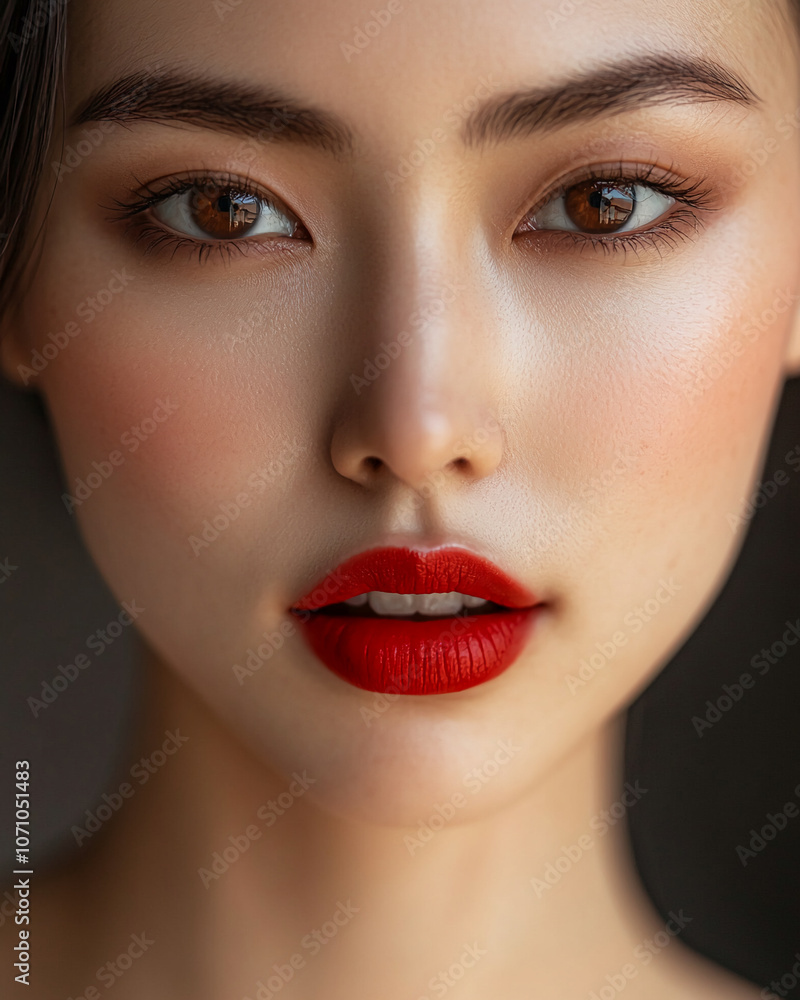 A woman with dark brown hair, brown eyes, and red lipstick looks directly at the camera A woman with dark brown hair, brown eyes, and red lipstick looks directly at the camera