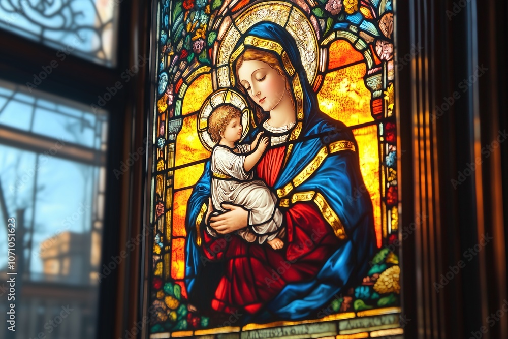 Stained glass window Religious illustration of Madonna and Child Stained glass window Religious illustration of Madonna and Child