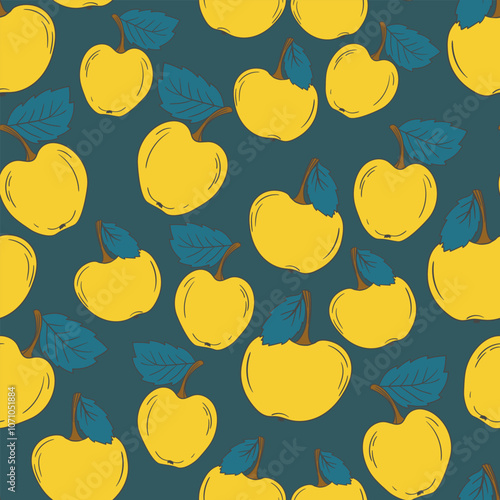 Seamless pattern with apple on color background. Natural delicious fresh ripe tasty fruit. Vector illustration for print, fabric, textile, banner, design. Stylized apples with leaves. Food concept