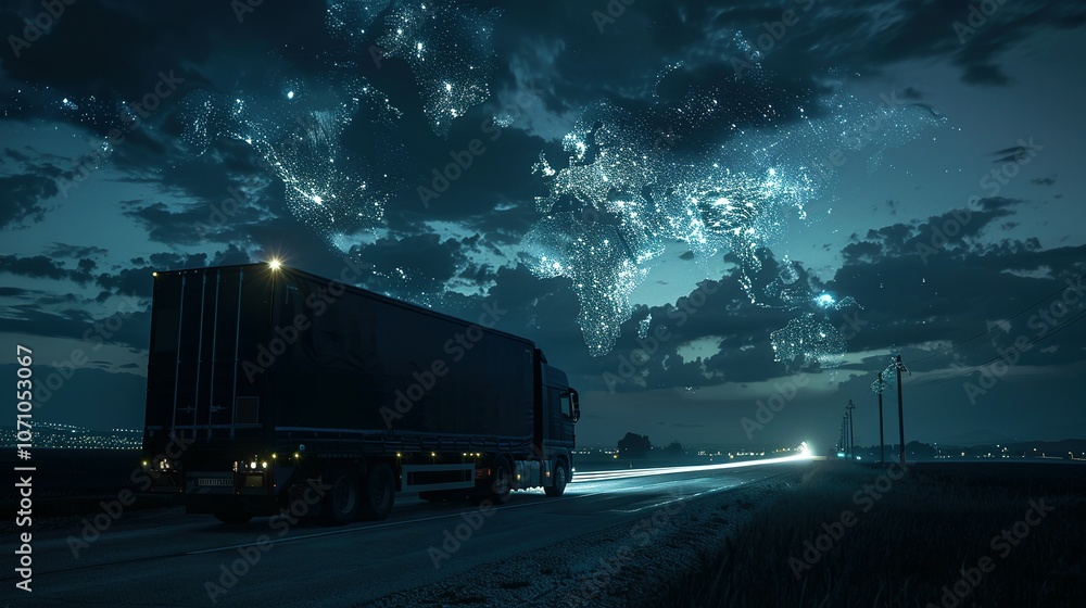 Semi-truck driving on a highway with a starry world map in the sky Semi-truck driving on a highway with a starry world map in the sky