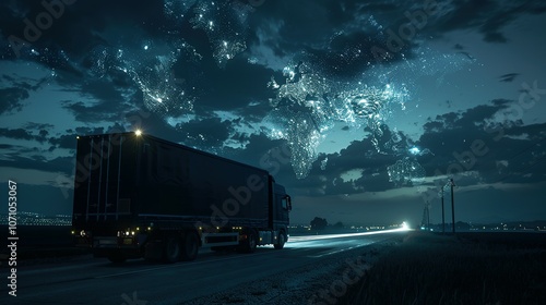 Semi-truck driving on a highway with a starry world map in the sky