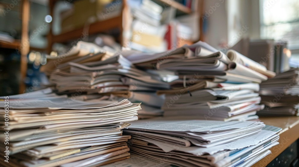 A Pile of Newspapers and Magazines on a Wooden Table A Pile of Newspapers and Magazines on a Wooden Table