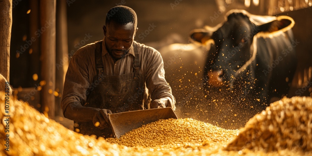 African farmer working in dairy barn with cows and shovel African farmer working in dairy barn with cows and shovel