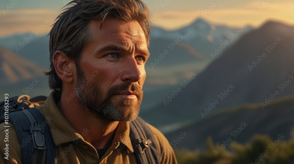 A man carrying a backpack is enjoying the beautiful view from the top of the mountains in the morning. A man carrying a backpack is enjoying the beautiful view from the top of the mountains in the morning.
