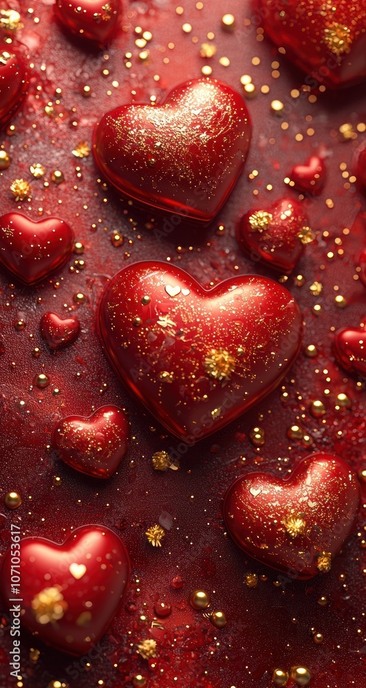 Red and Gold Hearts with Glitter and Beads on a Red Background Red and Gold Hearts with Glitter and Beads on a Red Background